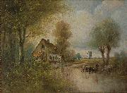unknow artist Landscape with cows, small farm and windmill oil painting reproduction